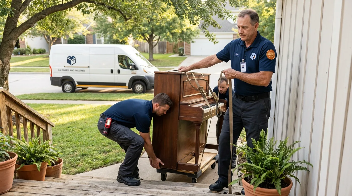 Licensed piano movers securing grand piano in East Grand Forks, MN