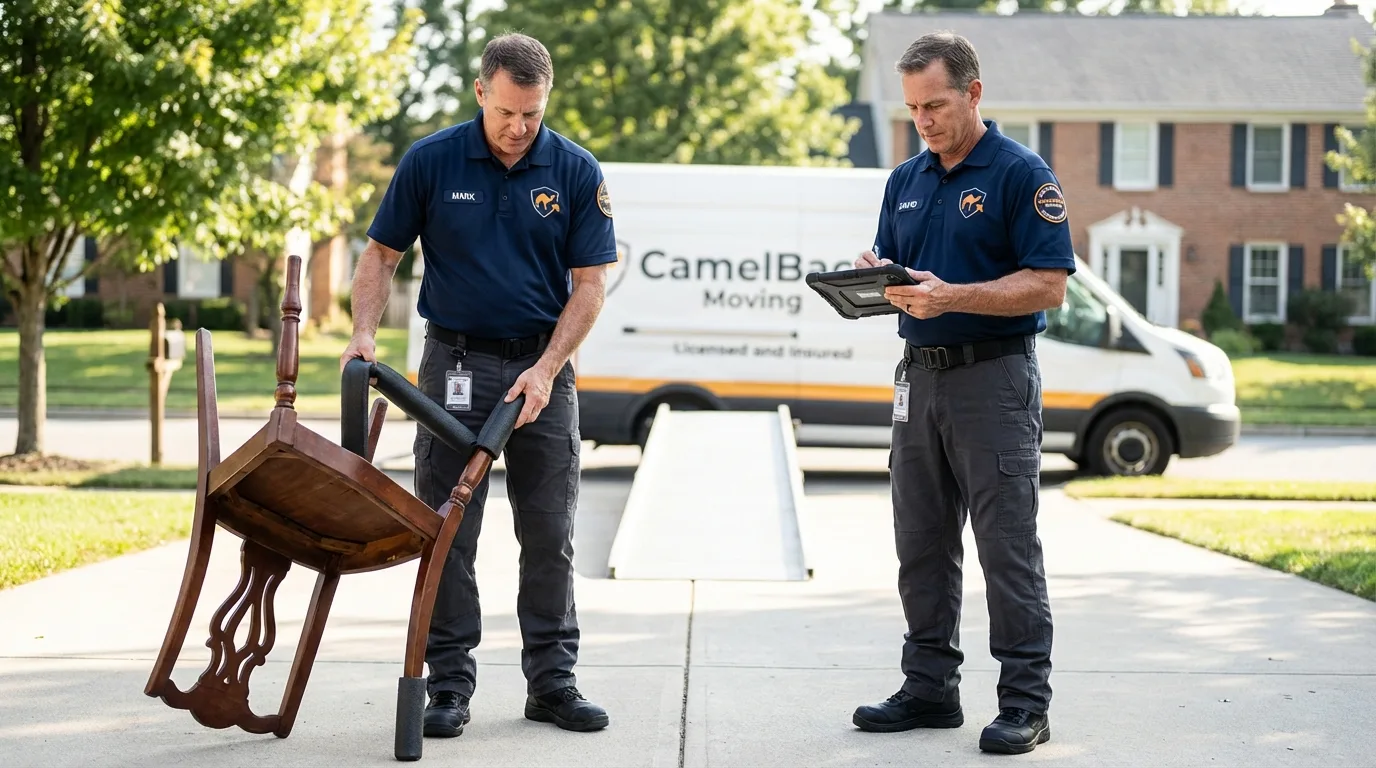 Movers inspecting furniture for damage prevention before loading in East Grand Forks, MN