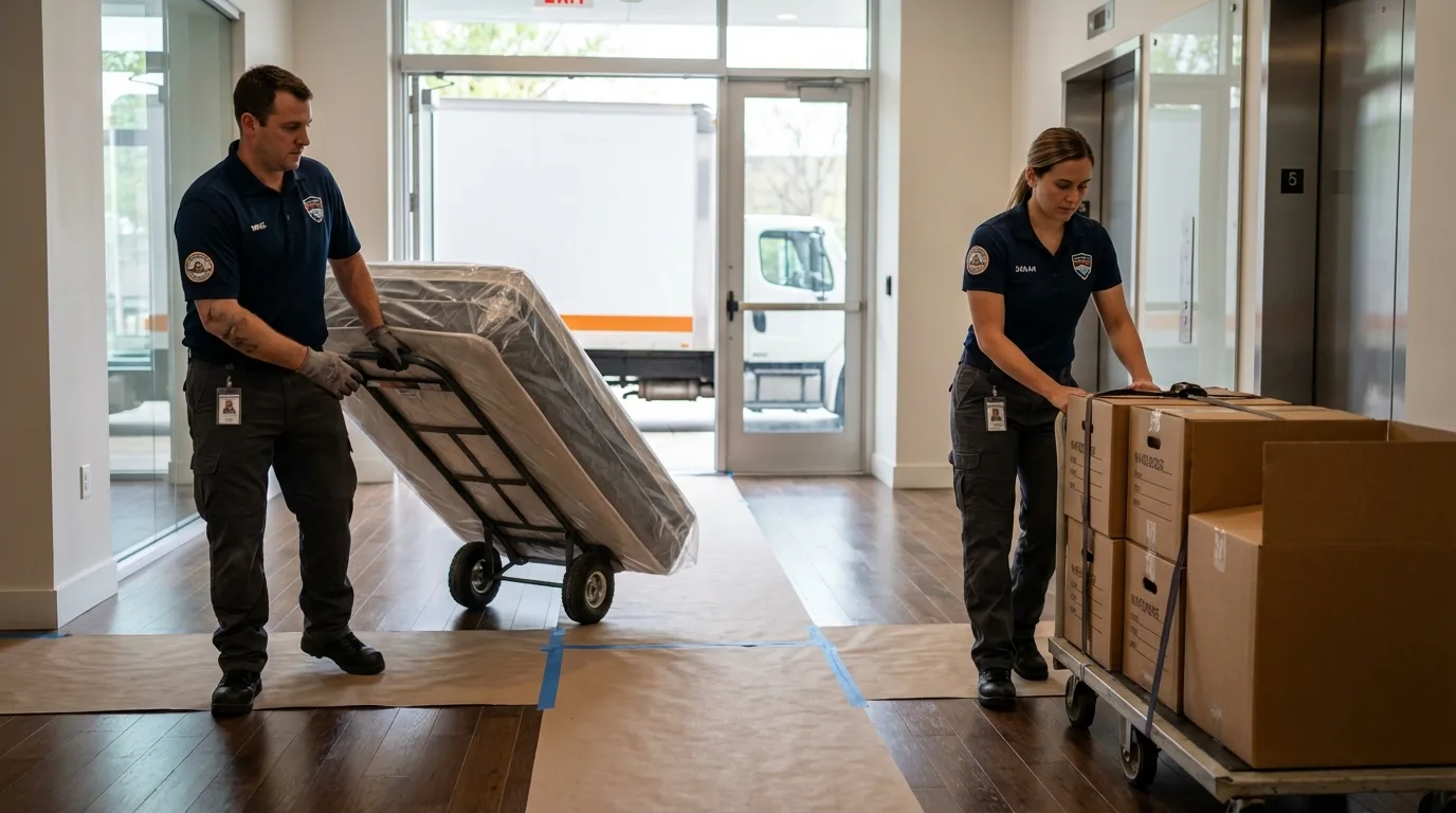 Professional apartment movers loading elevator in East Grand Forks, MN