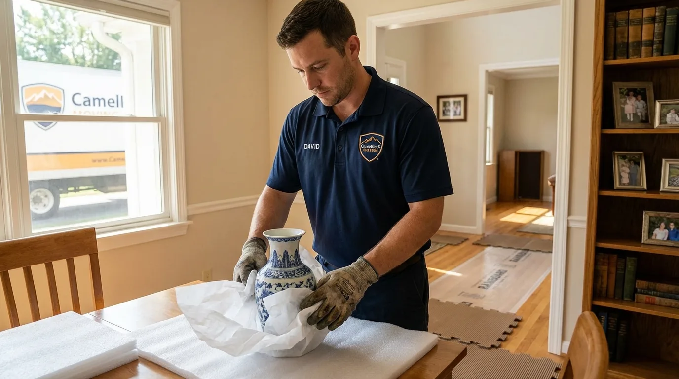 Professional crew carefully wrapping antique vase for senior downsizing move in East Grand Forks, MN